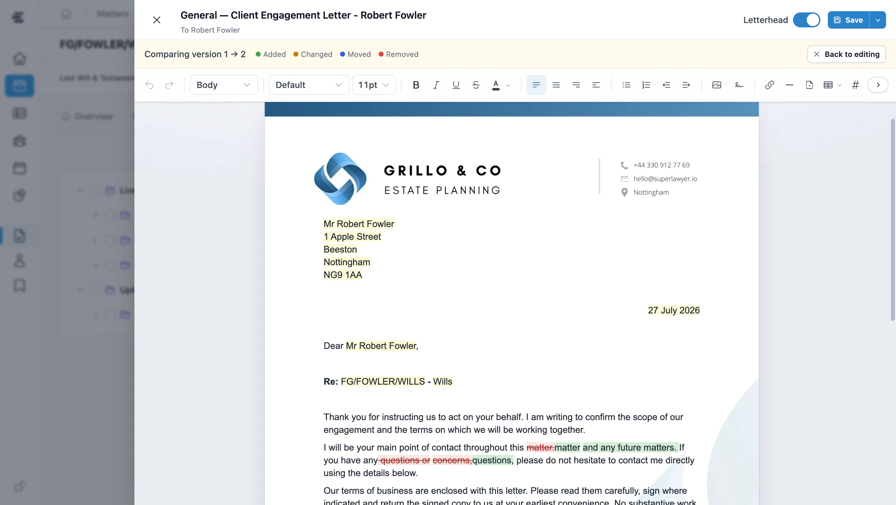 A client engagement letter open in the Superlawyer document editor, comparing two saved versions and highlighting added, changed and removed text