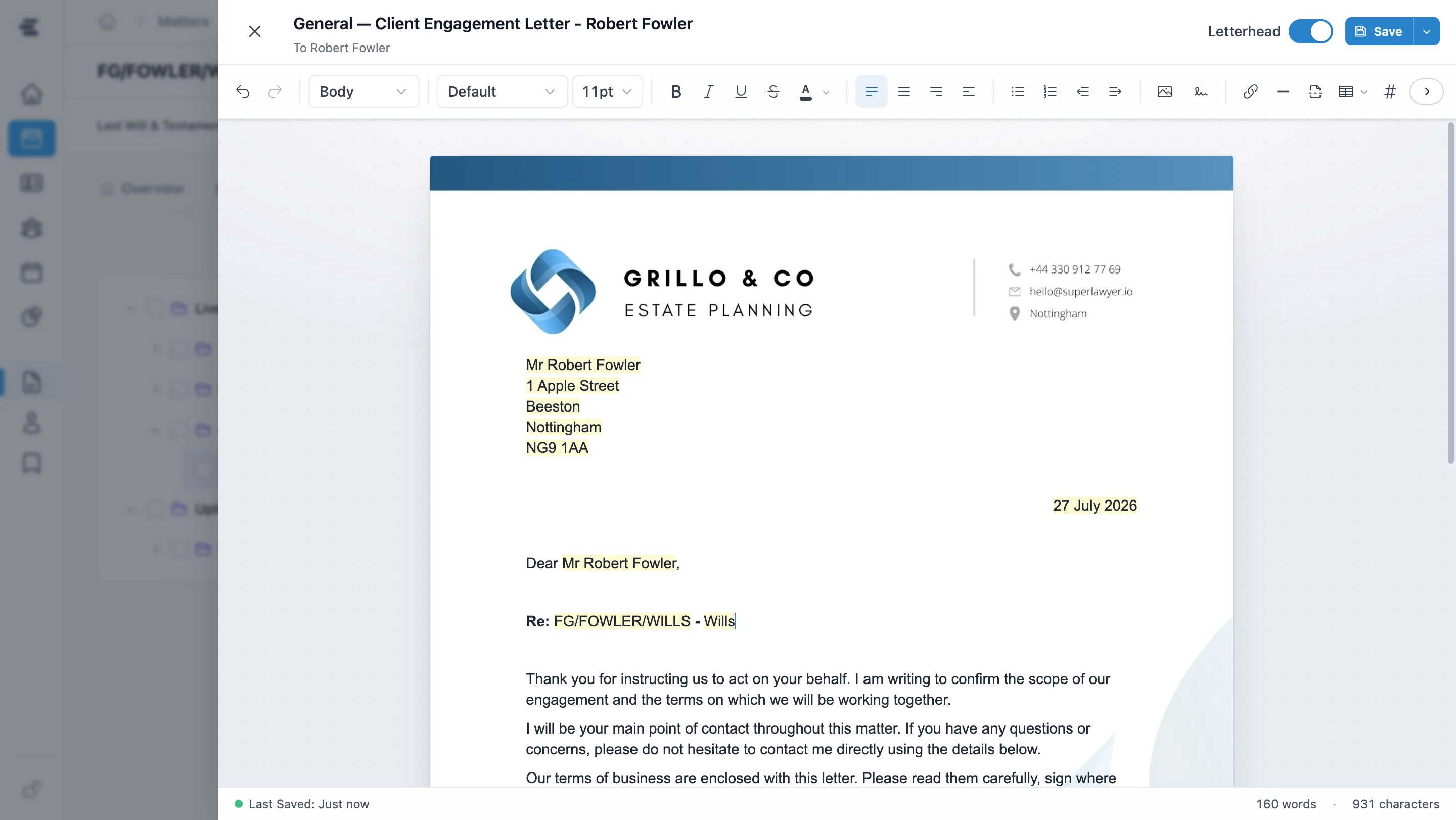 A client engagement letter open in the Superlawyer document editor with client and matter details merged in
