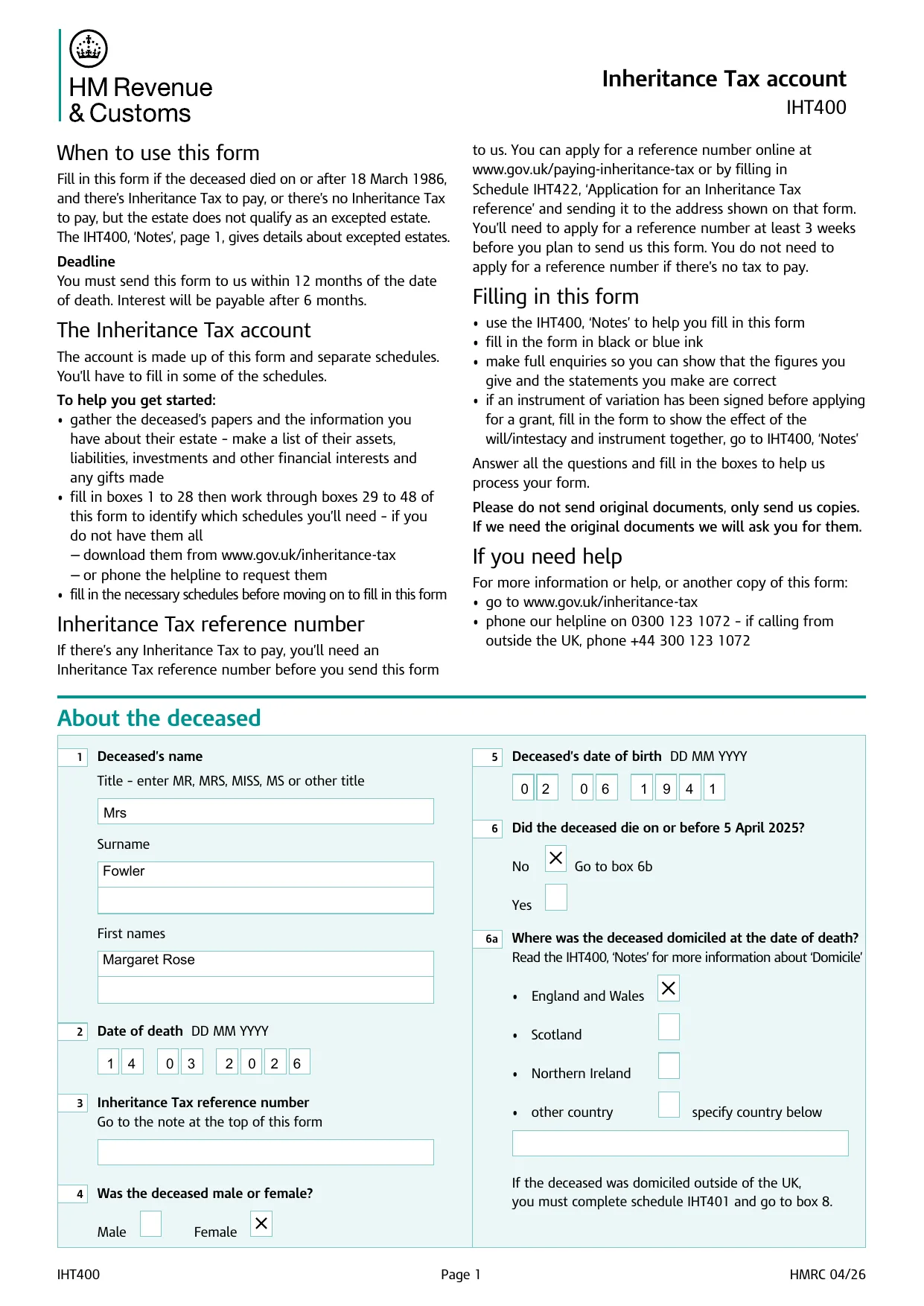The first page of the HMRC IHT400 Inheritance Tax account