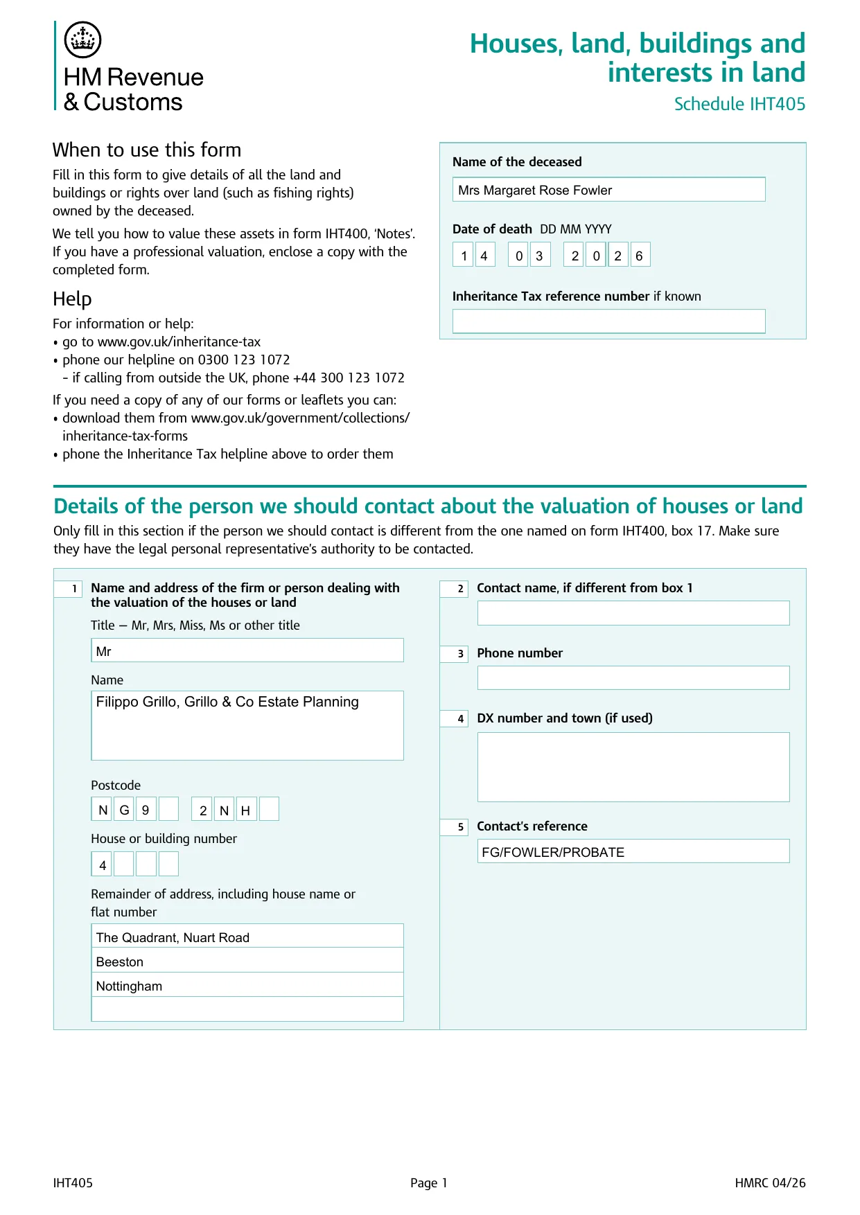 The first page of the IHT405 houses, land, buildings and interests in land schedule