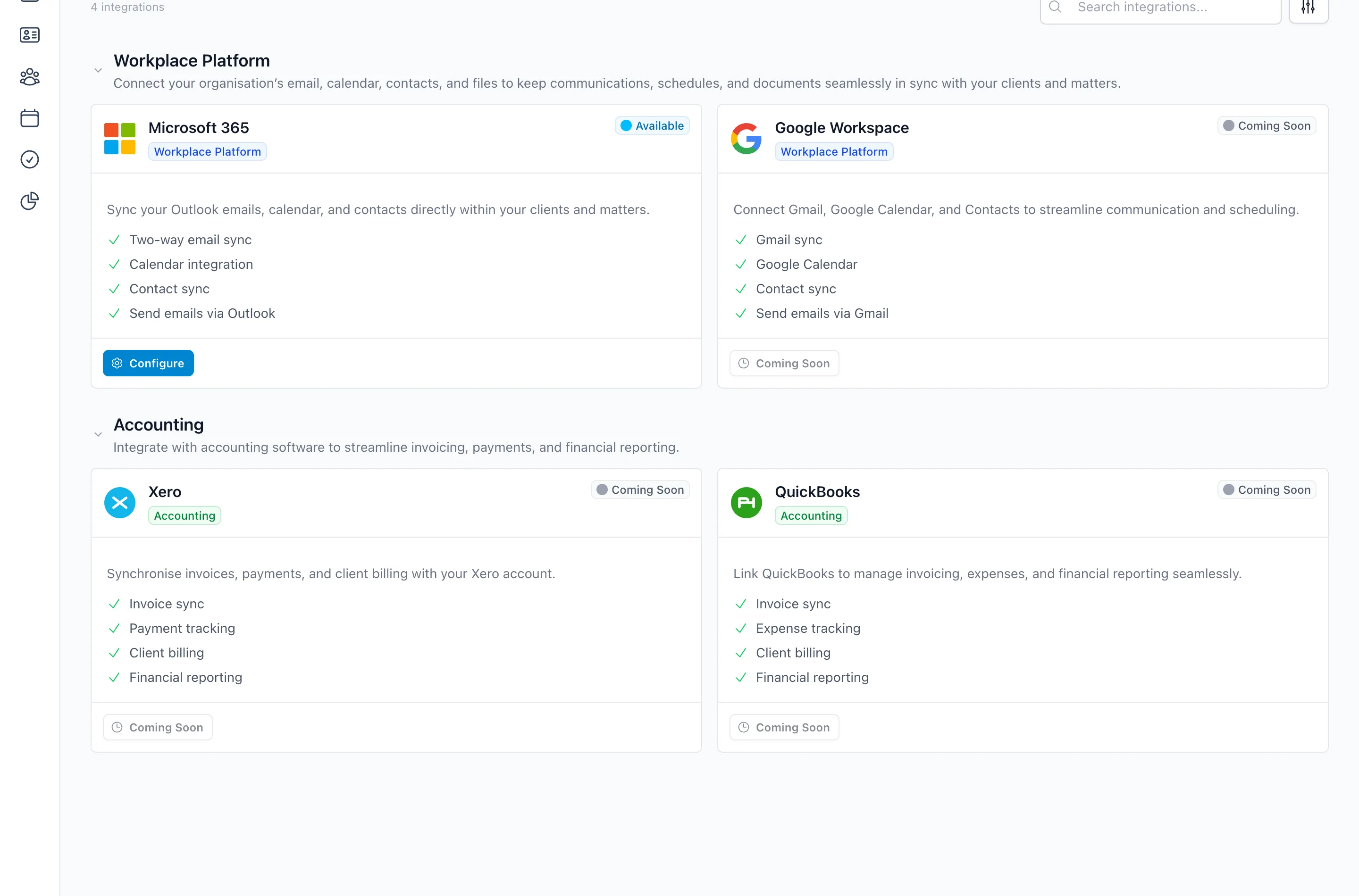 The Third Party Marketplace in Superlawyer settings, showing Microsoft 365 available to configure and Google Workspace, Xero and QuickBooks coming soon