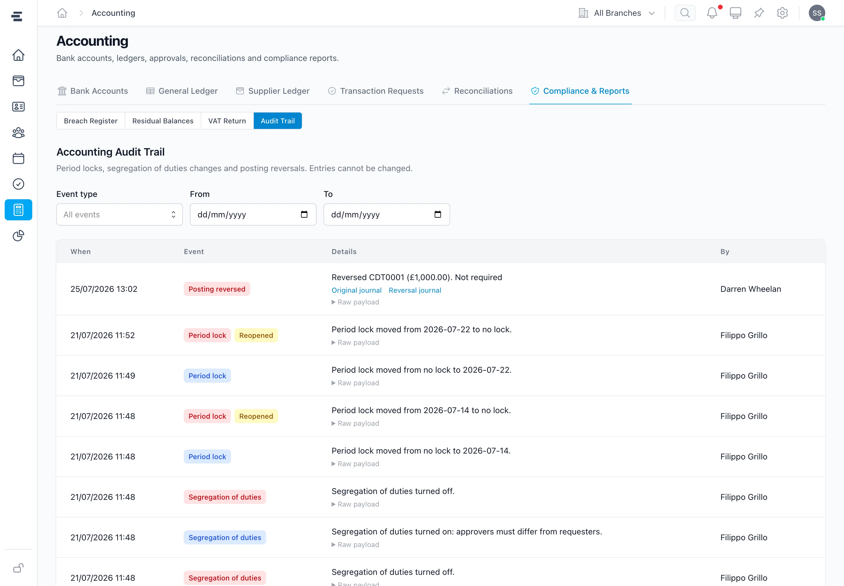 The Superlawyer accounting audit trail showing period locks, segregation of duties changes and a posting reversal, alongside the breach register, residual balances and VAT return tabs