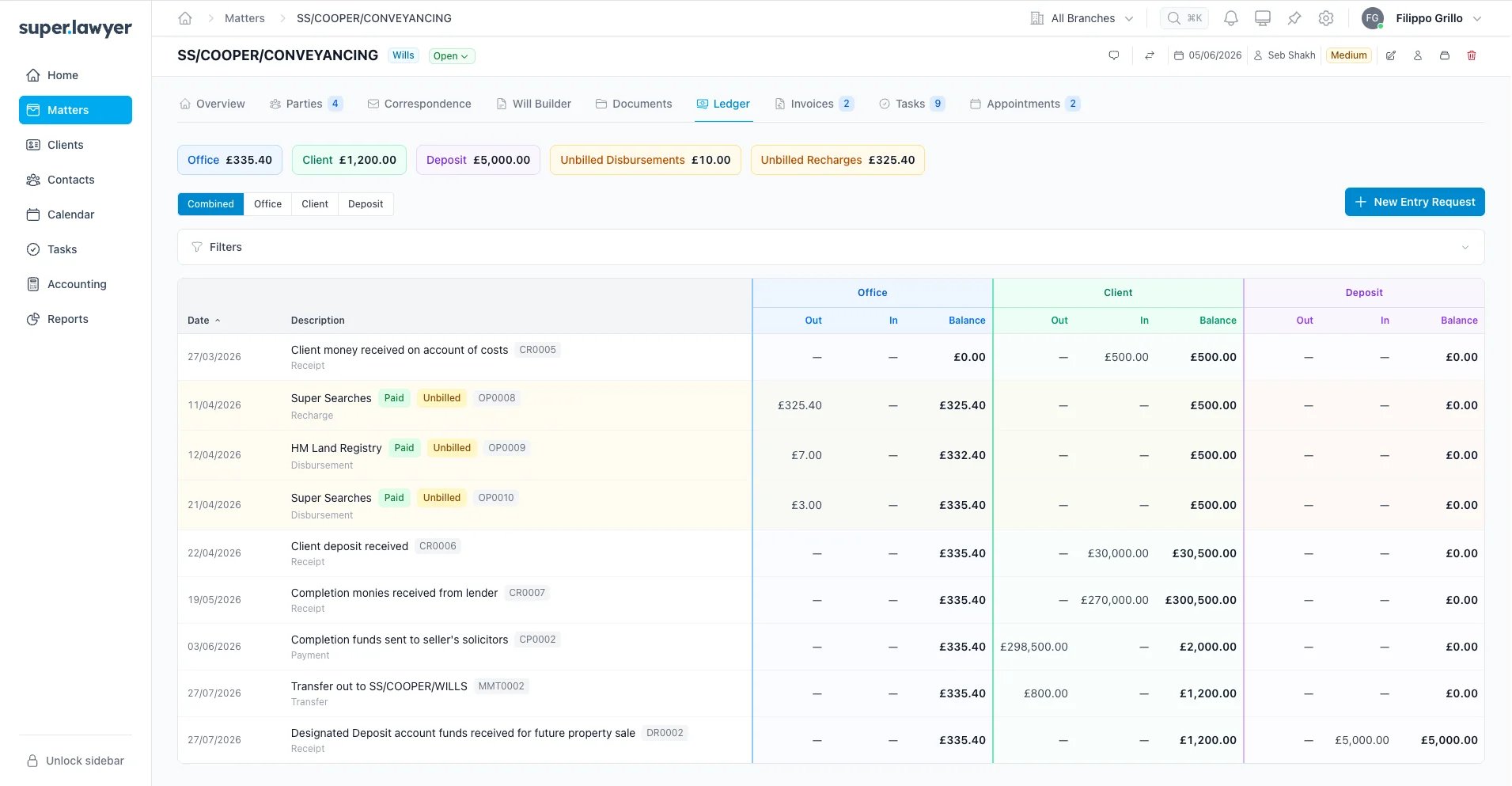 A matter ledger in Superlawyer showing the entries that will flow through to Xero