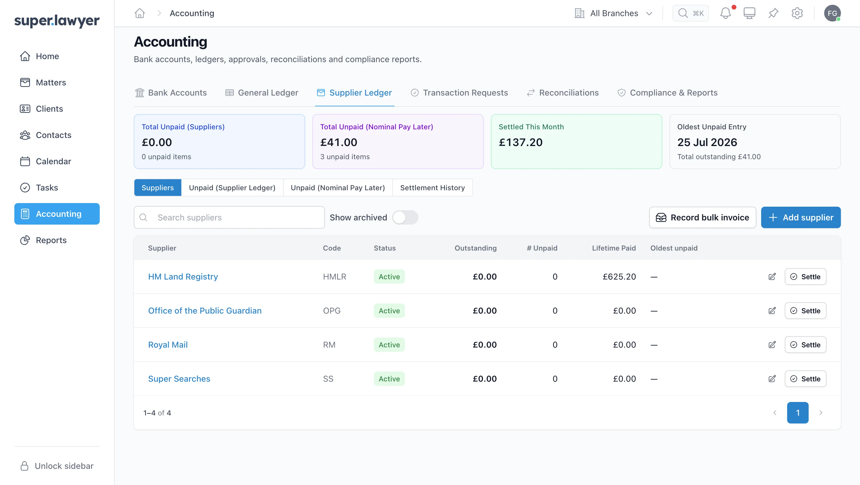 The Superlawyer supplier ledger showing suppliers, unpaid totals, settlement history and the wider accounting navigation