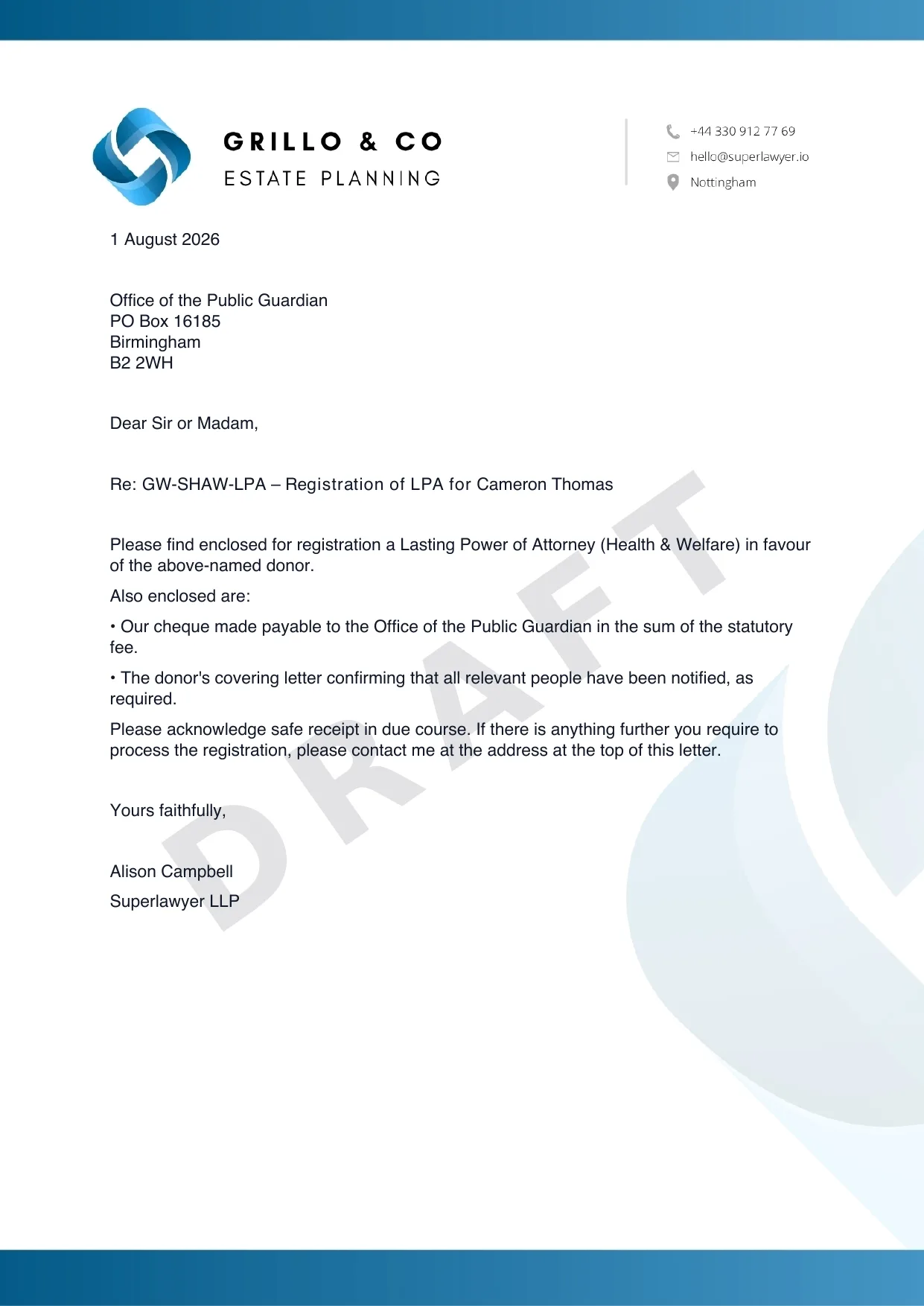 A client care letter on the firm letterhead, generated alongside the LPA