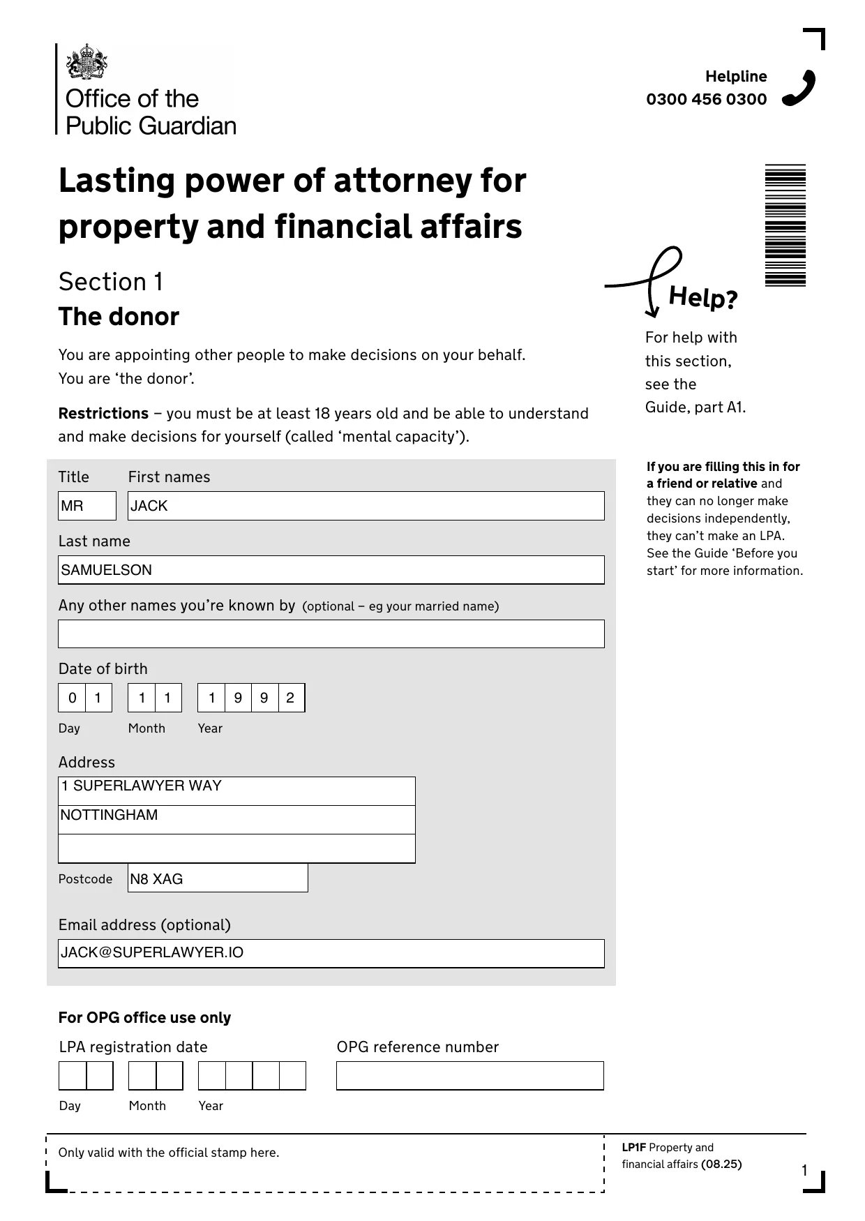The LP1F donor section completed automatically by Superlawyer