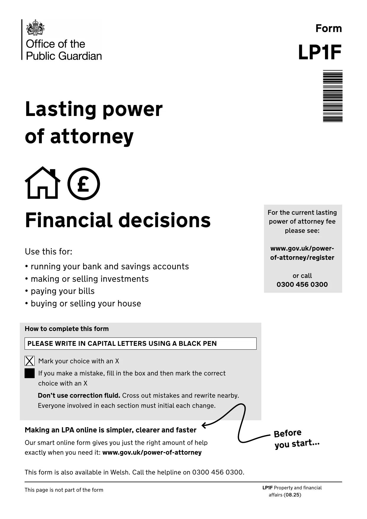 The cover page of the OPG LP1F Lasting Power of Attorney form