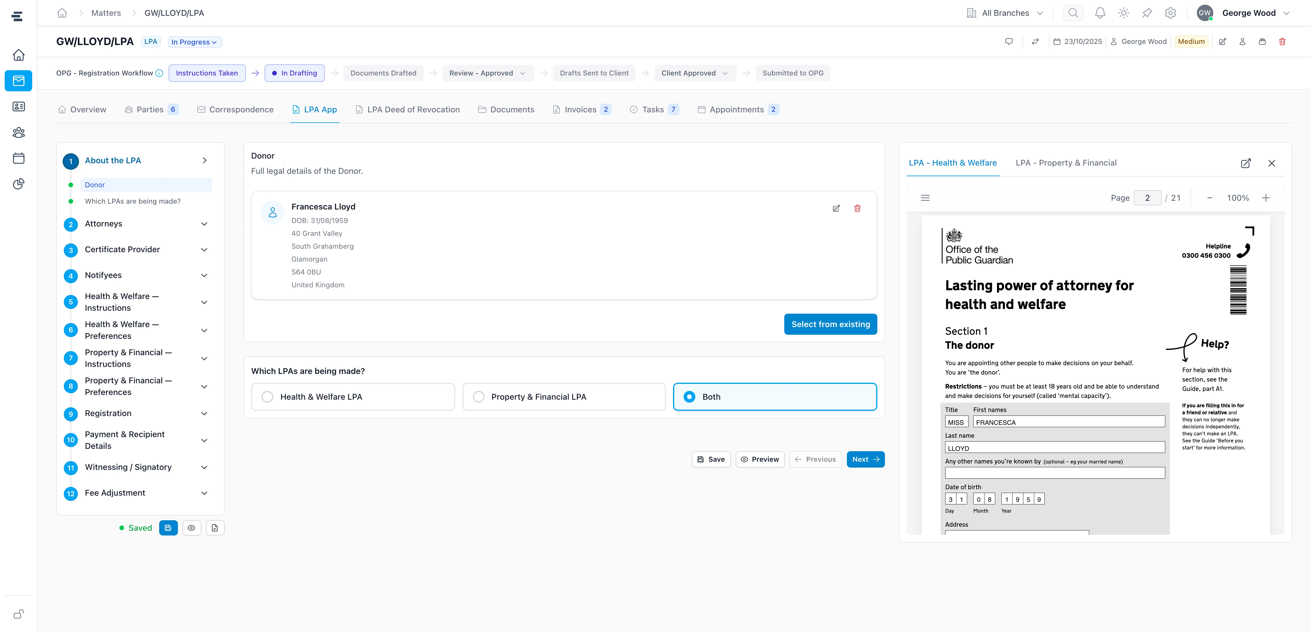 The Superlawyer LPA App showing guided sections, the donor's details and a live preview of the Health and Welfare LPA form, with the OPG registration workflow tracked above