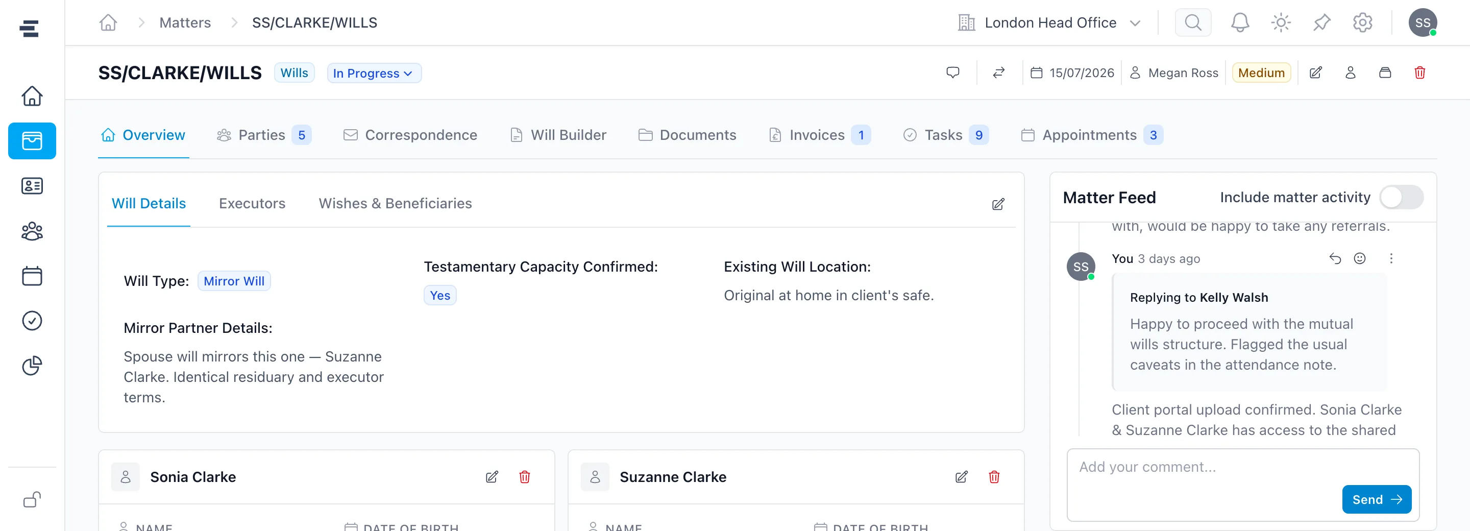 A Superlawyer Will matter showing its tabs for parties, correspondence, documents, invoices, tasks and appointments, the Will details and the Matter Feed