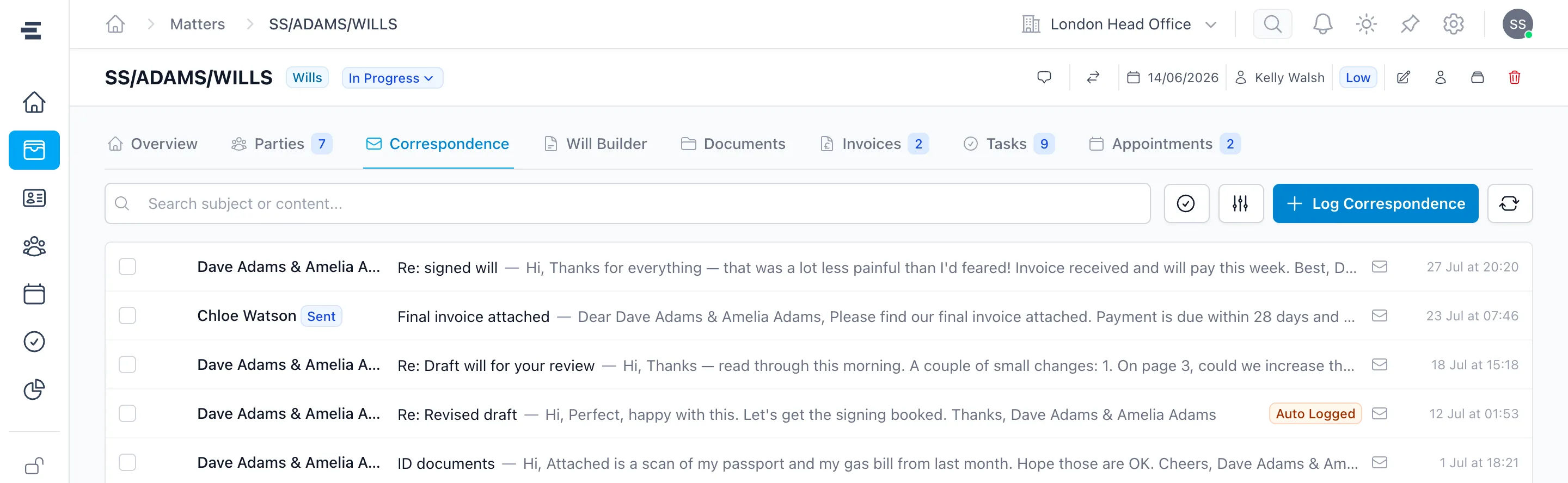 The Correspondence tab of a Superlawyer Will matter showing client emails logged automatically through the Outlook sync