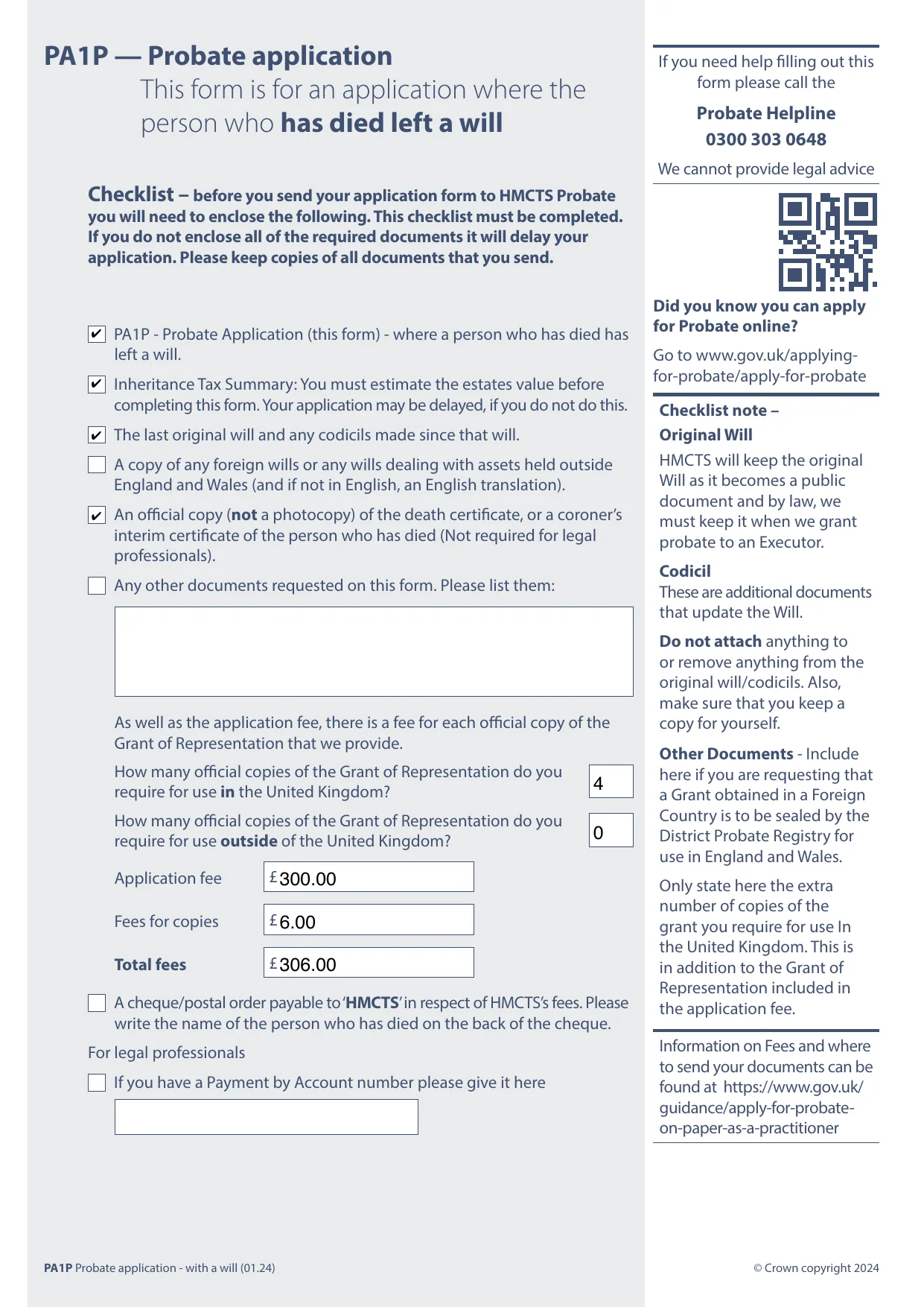 The first page of the PA1P probate application form