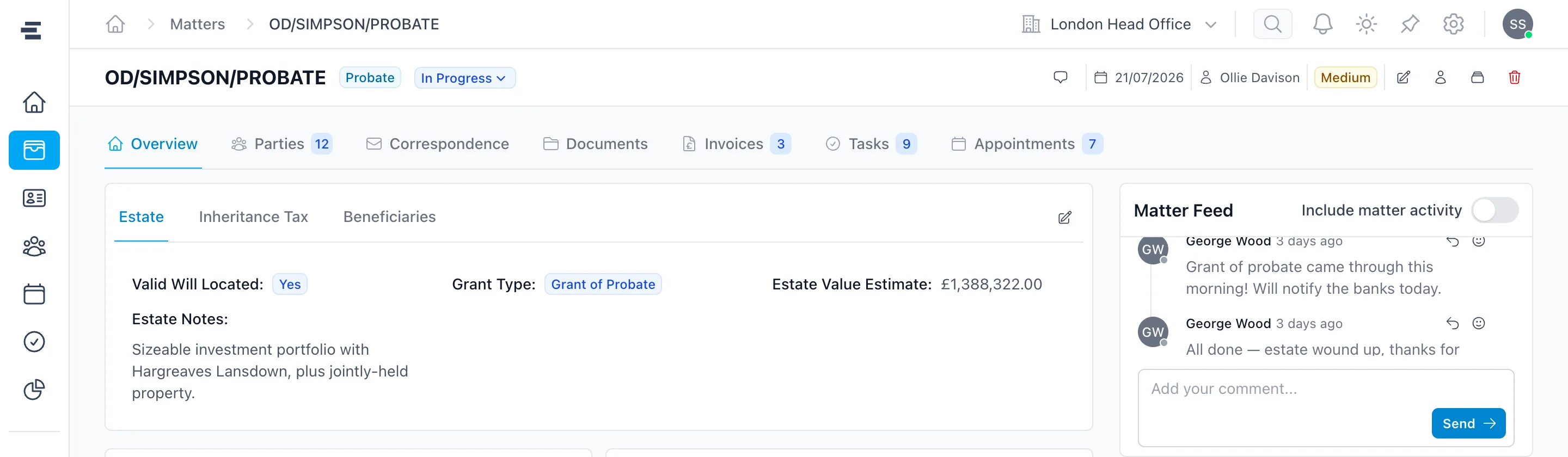 A Superlawyer Probate matter showing its Estate, Inheritance Tax and Beneficiaries tabs with the grant type, estate value and asset notes