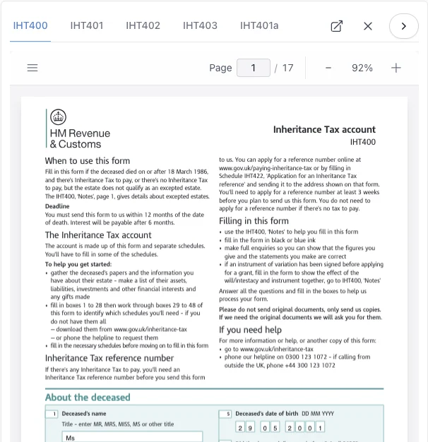 The HMRC IHT400 Inheritance Tax form being completed automatically inside Superlawyer