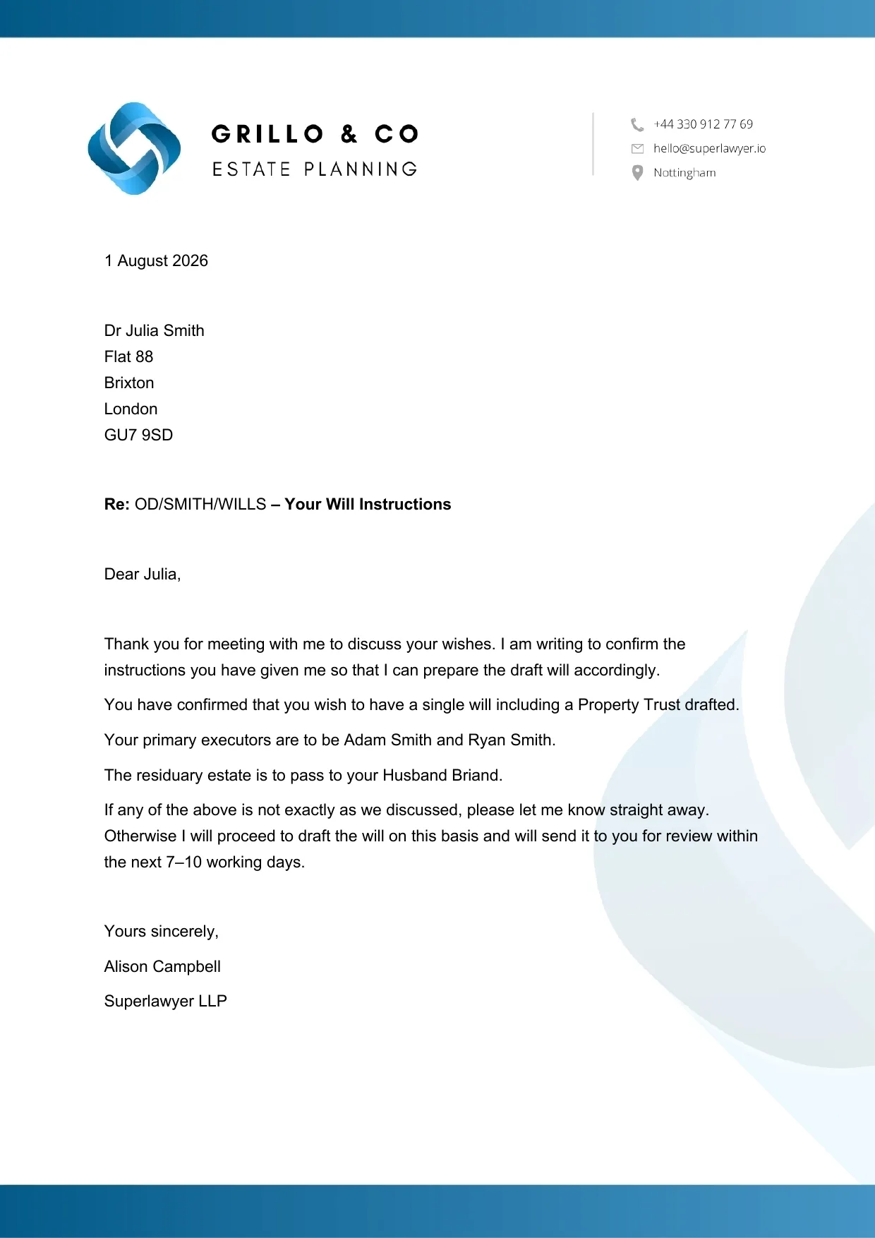 A Will instructions confirmation letter on the firm letterhead, generated by Superlawyer